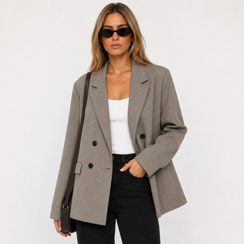 FREAK'S STORE Double-Breasted Houndstooth Blazer Beige Size XS Oversized